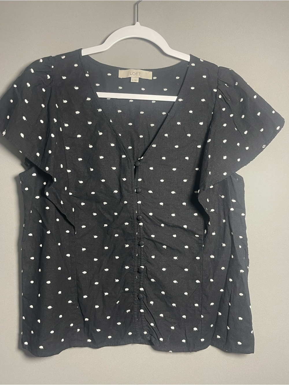 LOFT Black White Dot Flutter Sleeve Button Front Blouse Size M